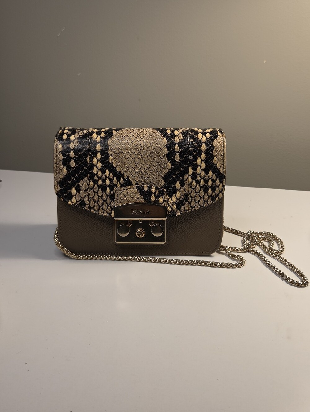 Furla Taupe and Black Snake-Print Crossbody Bag Leather